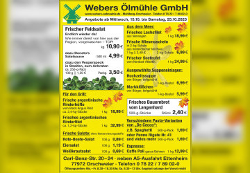 Neue Wochenangebote bei Webers Ölmühle – gültig ab 15.10 bis 25.10.2025