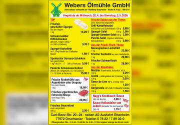 Neue Wochenangebote bei Webers &Ouml;lm&uuml;hle &ndash; g&uuml;ltig ab 22.04.-02.05.2026