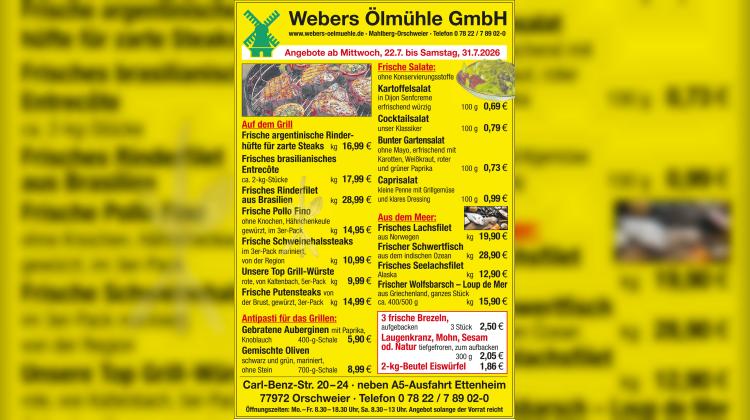 Grillwochen bei Webers &Ouml;lm&uuml;hle: Steak, Fisch und Antipasti frisch aus der Theke (22.7. bis 31.7.2026)