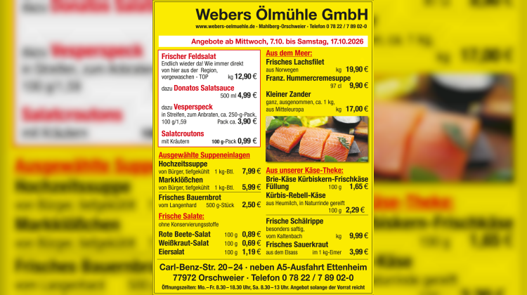 Webers &Ouml;lm&uuml;hle: Frischer Feldsalat aus der Region und Fisch bis 17. Oktober