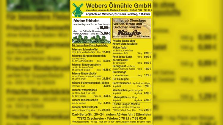 Frischer Feldsalat, Schweinefilet und Schwertfisch: Angebote der Webers Ölmühle bis 7. November