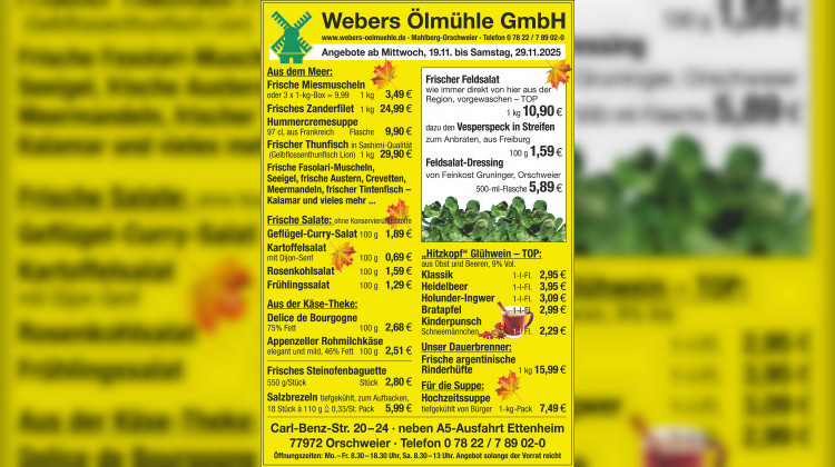 Neue Wochenangebote bei Webers Ölmühle – gültig ab 19.11 bis 29.11.2025