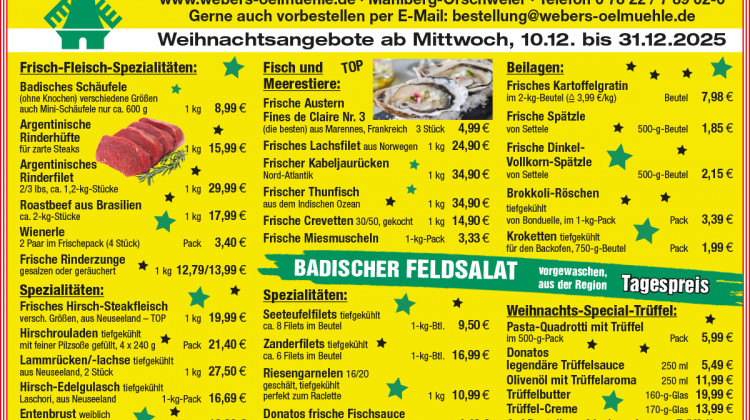 Neue Wochenangebote bei Webers &Ouml;lm&uuml;hle &ndash; g&uuml;ltig ab 10.12 bis 31.12.2025