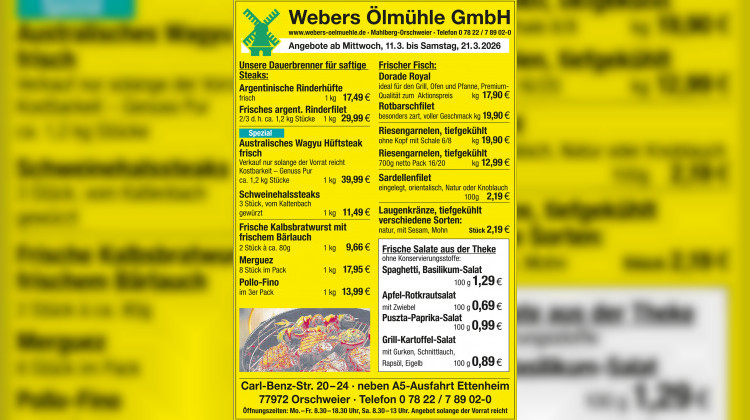 Neue Wochenangebote bei Webers &Ouml;lm&uuml;hle &ndash; g&uuml;ltig ab 11.03. bis 21.03.2026
