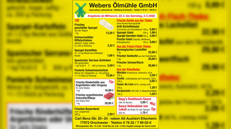 Neue Wochenangebote bei Webers &Ouml;lm&uuml;hle &ndash; g&uuml;ltig ab 22.04.-02.05.2026